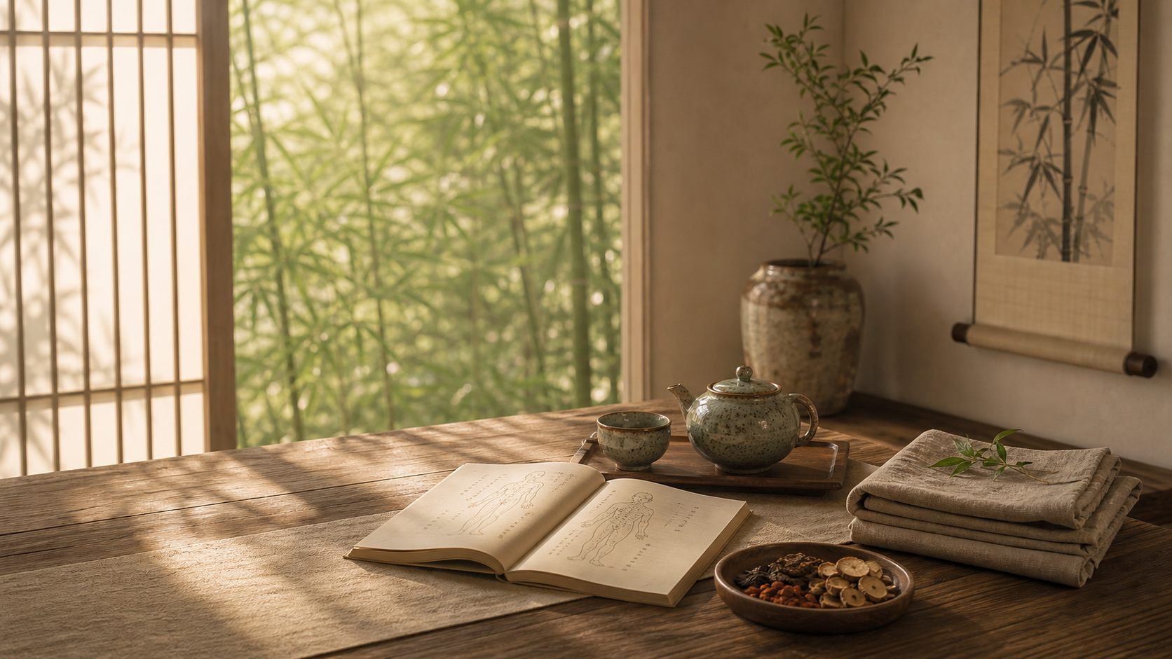 Jiutian Traditional Chinese Medicine Clinic calm Eastern healing space with tea and bamboo garden