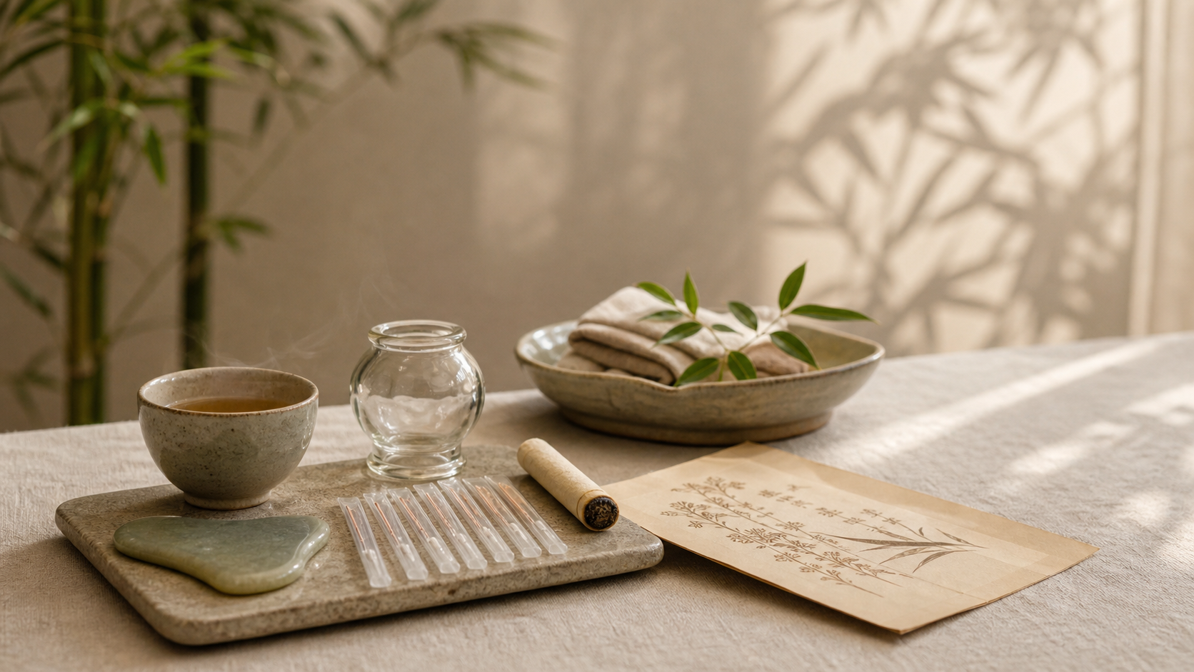 Jiutian Traditional Chinese Medicine Clinic acupuncture, moxibustion, cupping, and herbal tea preparation