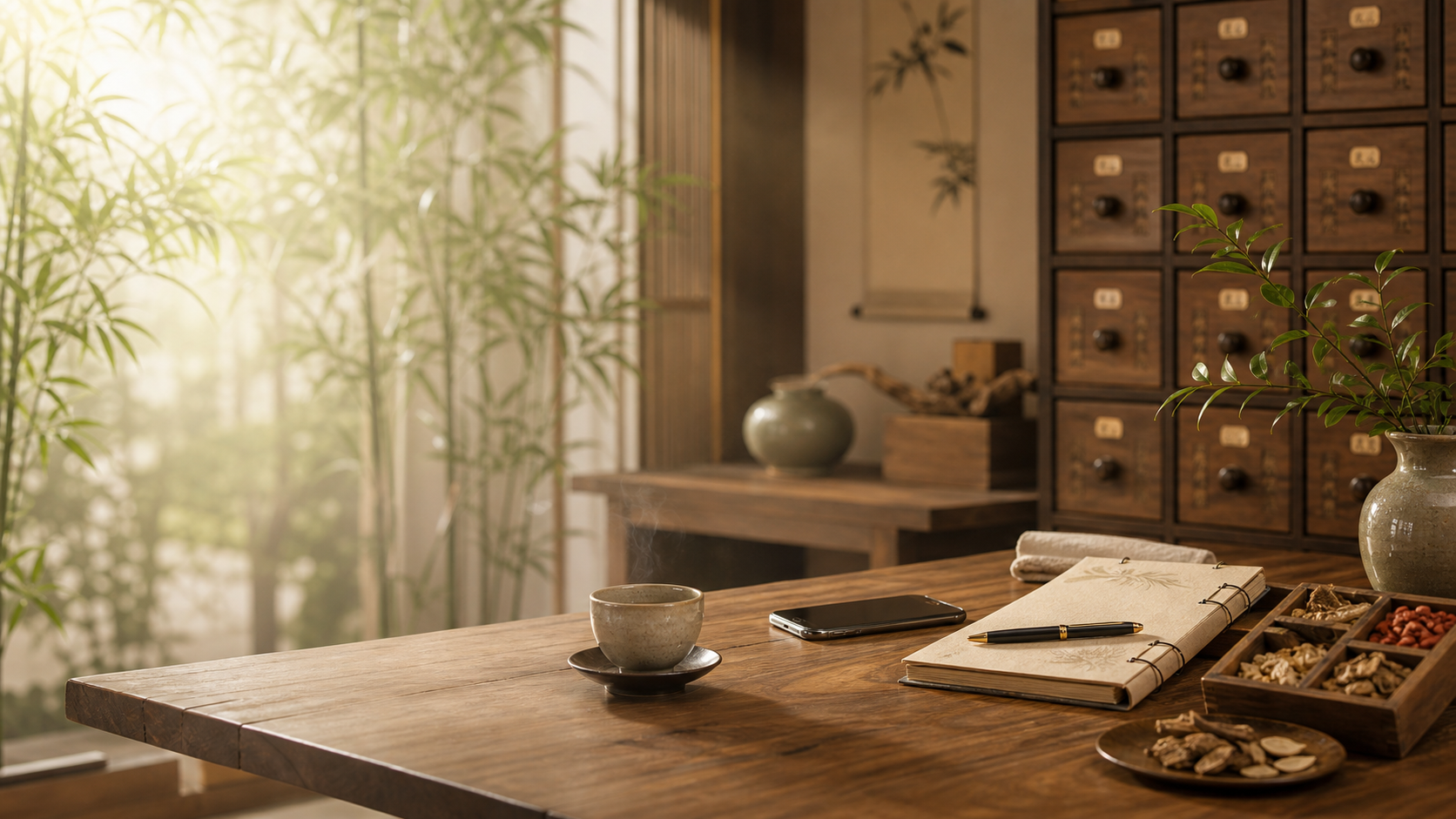 Jiutian Traditional Chinese Medicine Clinic booking desk with tea, herbs, and appointment notebook